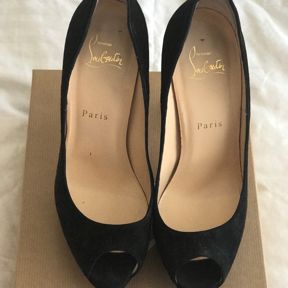 Christian Louboutin Black Suede Peep-Toe Heels